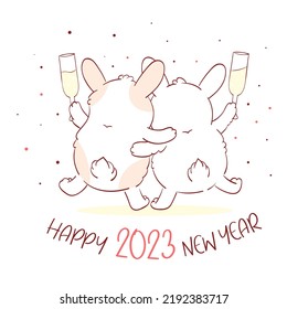 Two cute fat rabbits with champagne celebrating the New Year. Inscription Happy 2023 New Year. Square holiday card with animal - symbol of year according to Chinese calendar. Vector illustration EPS8