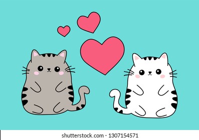 Two cute fat white   beige cat couple in love  anime kawaii style isolated blue background  Valentines day concept emoticon stickers  Vector eps10e illustration