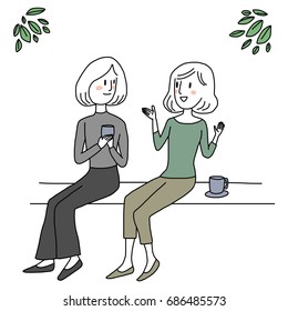 Two cute female friends sitting on bench outdoors, holding a cup of hot drink and talking to each other happily. Vector illustration with hand-drawn style.