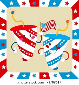 Two cute fireworks celebrating independence day waving an American flag