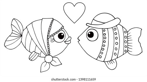 Two cute fish in love. Male and female fish. Black and white vector for coloring, for card or gift.