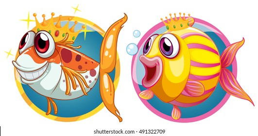 Dos peces lindos en la ilustración de las insignias redondas
