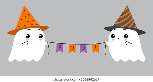 Two cute flat ghosts in party hats holding a garland of flags with the word Boo! written on them. Vector illustration isolated on black background