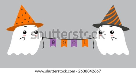 Two cute flat ghosts in party hats holding a garland of flags with the word Boo! written on them. Vector illustration isolated on black background