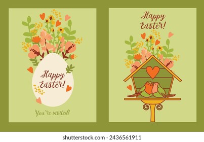 Two cute floral cards for happy Easter, vector illustration