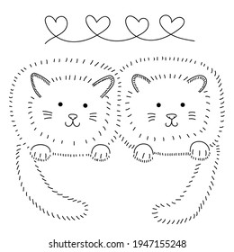 Two cute fluffy cats are lying. Above them is a pattern of hearts. Black and white sketch. Line, vector.