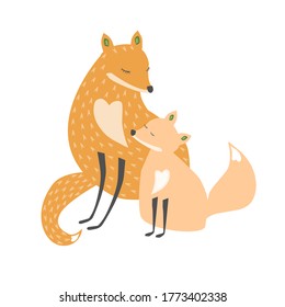 Two cute forest foxes vector hug and love, mum and baby postcard, nursery poster, texture