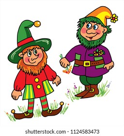 Two cute forest and garden dwarfs are collecting herbs on the meadow. Colored vector for card or gift. 