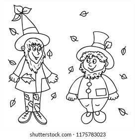 Two cute forest and garden dwarfs on the meadow with leaves and big hats. Black and white vector for coloring. For card or gift.