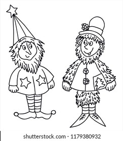 Two cute forest and garden dwarfs with big hats. Black and white vector for coloring. For card or gift.