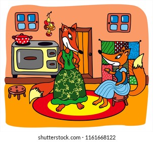 Two cute fox in the kitchen cooking lunch. Home, kitchen, cooking, talking. Colored vector for card or gift. 