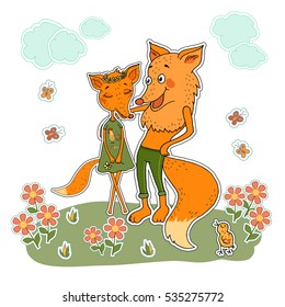 Two cute foxes fallen in love on white background with bird, flowers, butterflies, clouds. Vector funny illustration for Valentine's Day, wedding design, scrapbook, gift wrapping paper, textiles.