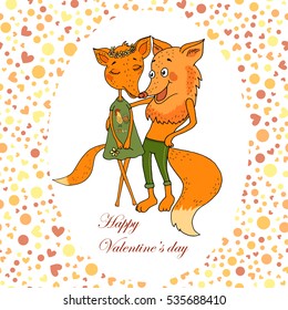 Two cute foxes fallen in love. Vector funny illustration for Valentine's Day, wedding design, scrapbook, gift wrapping paper, textiles. Cartoon style. Romantic pattern with Hearts and peas.