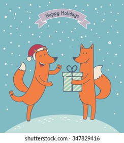 Two cute foxes with a gift on the background of winter landscape. Lovely Holiday concept design vector illustration cartoon style with a ribbon banner for greeting card, poster, banner.