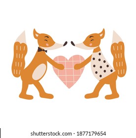 
Two cute foxes are holding a heart. Valentine's Day print. Boho style. Vector flat illustration.