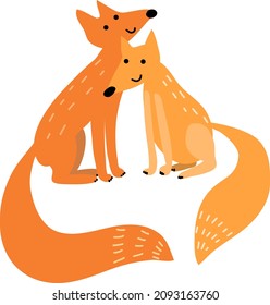 Two cute foxes are hugging. Foxes love each other.