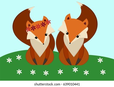 Two cute foxes looking at each other vector illustration