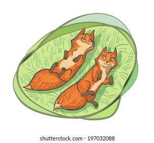 Two cute foxes lying on the grass. EPS 10.