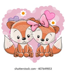 Two cute Foxes on a background of heart