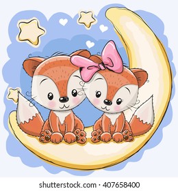 Two Cute Foxes is sitting on the moon