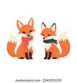 Two Cute Foxes Wearing Winter Scarves Christmas concept