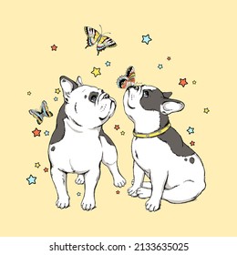 Two cute french bulldogs with butterflies. Image for printing on any surface