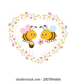 Two cute friendly bees set. Vector illustration animal of honeybee on white background in cartoon style.