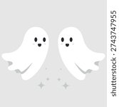 Two cute friendly ghosts flying together with magic stars on gray background vector illustration.