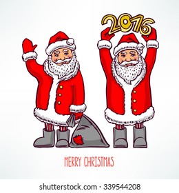 Two cute friendly Santa Claus. hand-drawn illustration