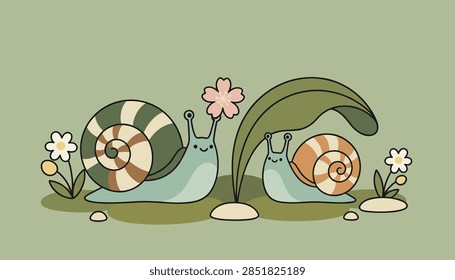Two cute friendly snails with striped shells crawling under green leaf and holding a flower in spring style illustration.