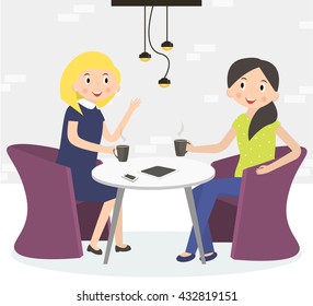 Two cute friends women drinking coffee. Woman sitting at a cafe on coffee break. Vector illustration