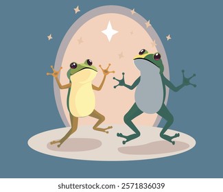 Two cute frogs are dancing under the stars. Romantic warm atmosphere, warm, soft tones