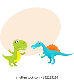 Two cute and funny baby dinosaur characters - spinosaurus and tyrannosaurus, cartoon vector illustration with space for text. Happy smiling spinosaurus and T-rex dinosaur characters
