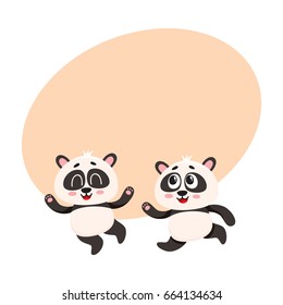 Two cute and funny baby panda characters running, hurrying, jumping happily, cartoon vector illustration with space for text. Couple of cute little panda bear characters, mascots running