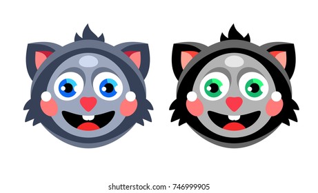 Two cute funny cartoon happy cat faces.
Flat, vector illustration, isolated. Gray and black kitty