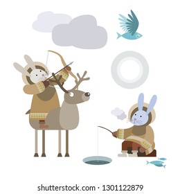 Two cute funny cartoon north bunny hunting on flying fish and ice fishing