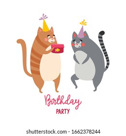 Two cute funny cats in holiday caps celebrate a birthday and give a gift. Birthday greeting card. Vector illustration