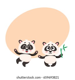 Two cute, funny happy baby panda characters standing, looking up, cartoon vector illustration with space for text. Couple of cute little panda bear characters, mascots with paws raised up