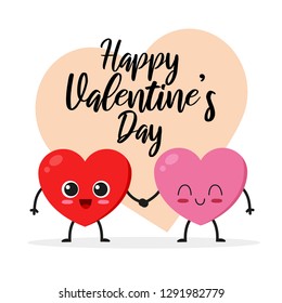 Two cute and funny hearts holding hands. Happy Valentine's Day vector card