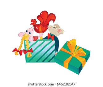 Two cute, funny mice sit in a box and eat lollipop. The symbol of the new year 2020. Vector