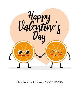 Two cute and funny middle orange holding hands. Happy Valentine's Day vector card
