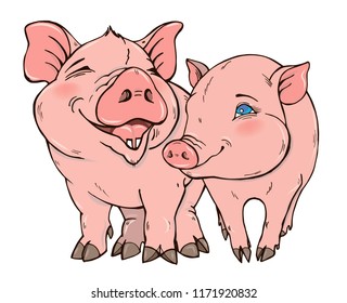 Two cute funny pig vector illustration on white background, pig is the symbol of 2019