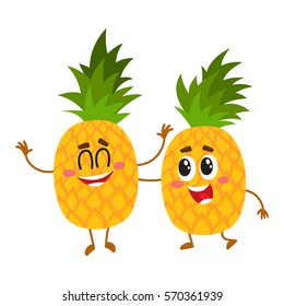 Two cute and funny pineapple characters, one tickling the other, cartoon vector illustration isolated on white background. Couple of funny pineapple characters, mascots having fun together