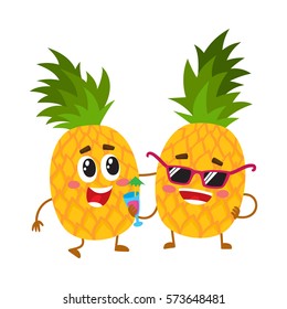 Two cute and funny pineapple characters, one tickling the other, cartoon vector illustration isolated on white background. Couple of funny pineapple characters, mascots having fun together