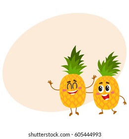 Two cute and funny pineapple characters, one tickling the other, cartoon vector illustration with place for text. Couple of funny pineapple characters, mascots having fun together