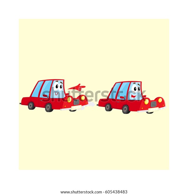 Two cute and funny red car characters racing,
hurrying somewhere at full speed, cartoon vector illustration
isolated on white background. Funny red car character, mascot
racing with each other