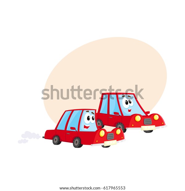 Two cute\
and funny red car characters racing, hurrying somewhere at full\
speed, cartoon vector illustration with space for text. Funny red\
car character, mascot racing with each\
other