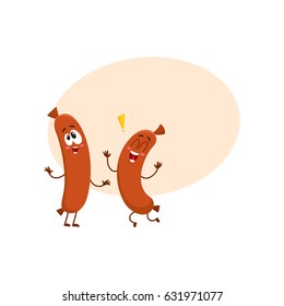 two cute and funny sausage character with human face jumping excitedly, cartoon vector illustration with space for text. Happy, excited sausage character, mascot, exclamation mark