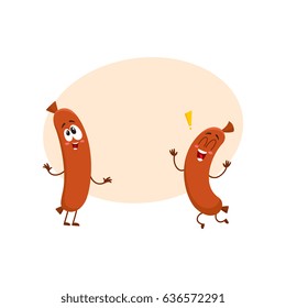 two cute and funny sausage characters with human faces jumping excitedly, cartoon vector illustration with space for text. 