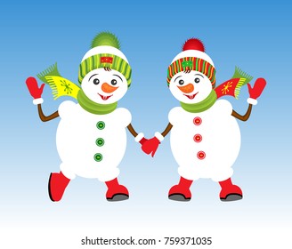 Two cute funny snowman in cartoon style. Christmas vector illustration.